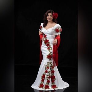 Elegant White and Red Floral Women's Dress